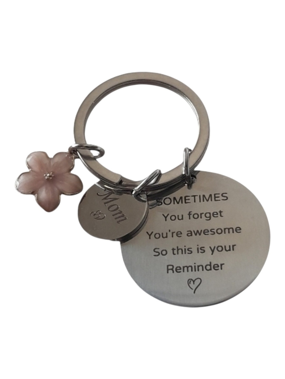 Engraved Silver Mom Keychain with Pink Charm Mother's Day